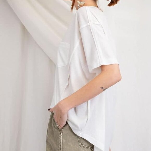 Easel Oversized Ribbed Knit Rounded Hem Exposed Seams Ivory Top Size M - Picture 4 of 9